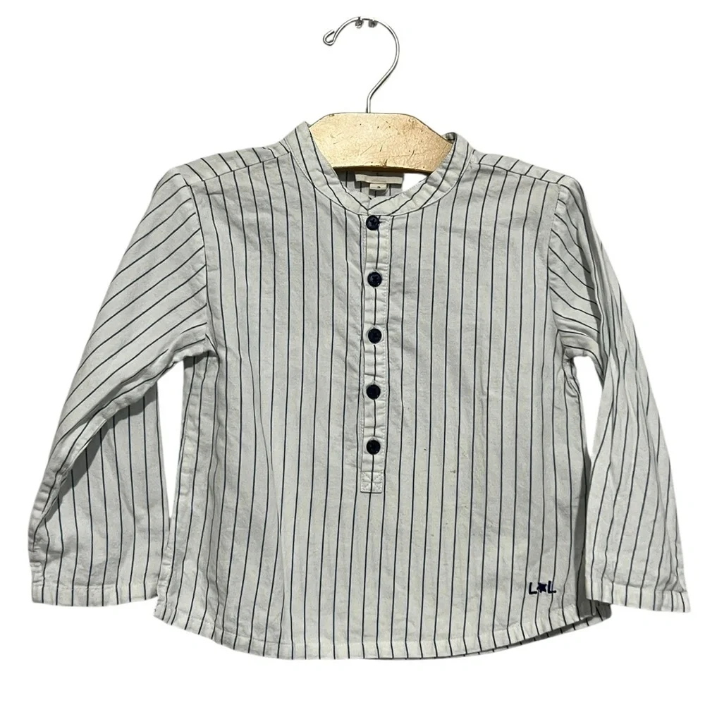 Louis Louise 3 Kids Long-Sleeve Pinstripe Shirt White Blue Preppy Popover Mock